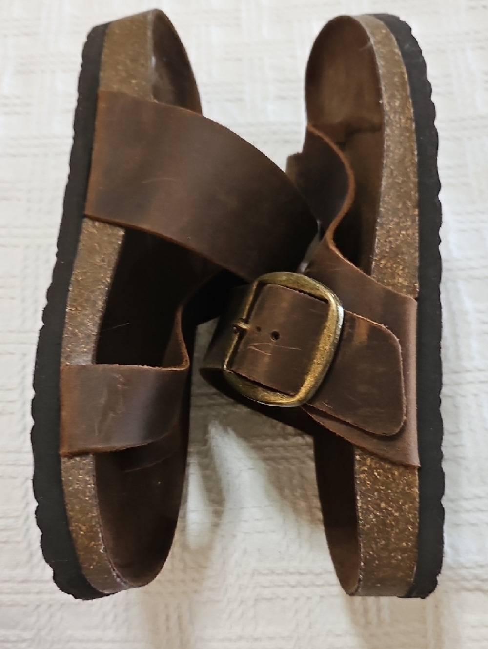 White Mountain Brown Leather Double-Band Buckle Slide Sandals - Picture 8 of 8